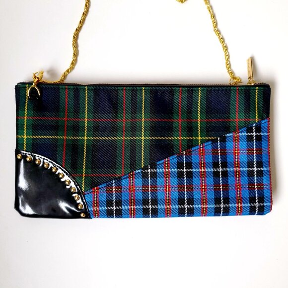 MAC Clutch Evening Bag Gold Chain Strap Tartan Plaid & Faux Patent Studded Logo - Picture 6 of 7